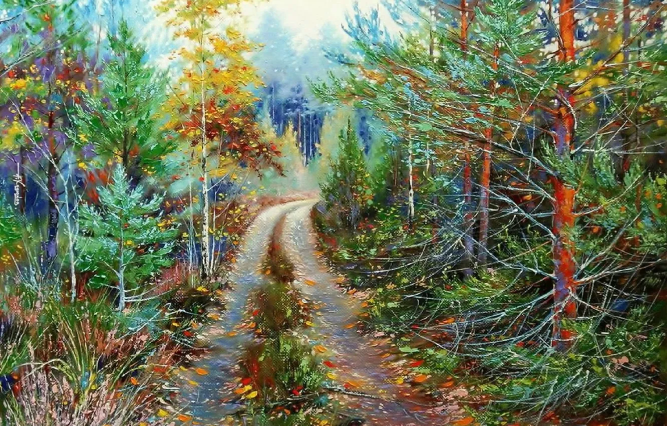 Photo wallpaper landscape, nature, oil, picture, painting, canvas, forest road, Khodukov