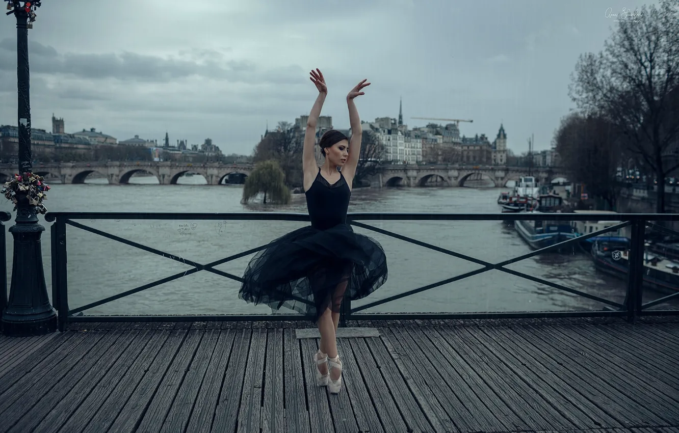 Photo wallpaper the sky, water, girl, bridge, the city, pose, river, ballerina