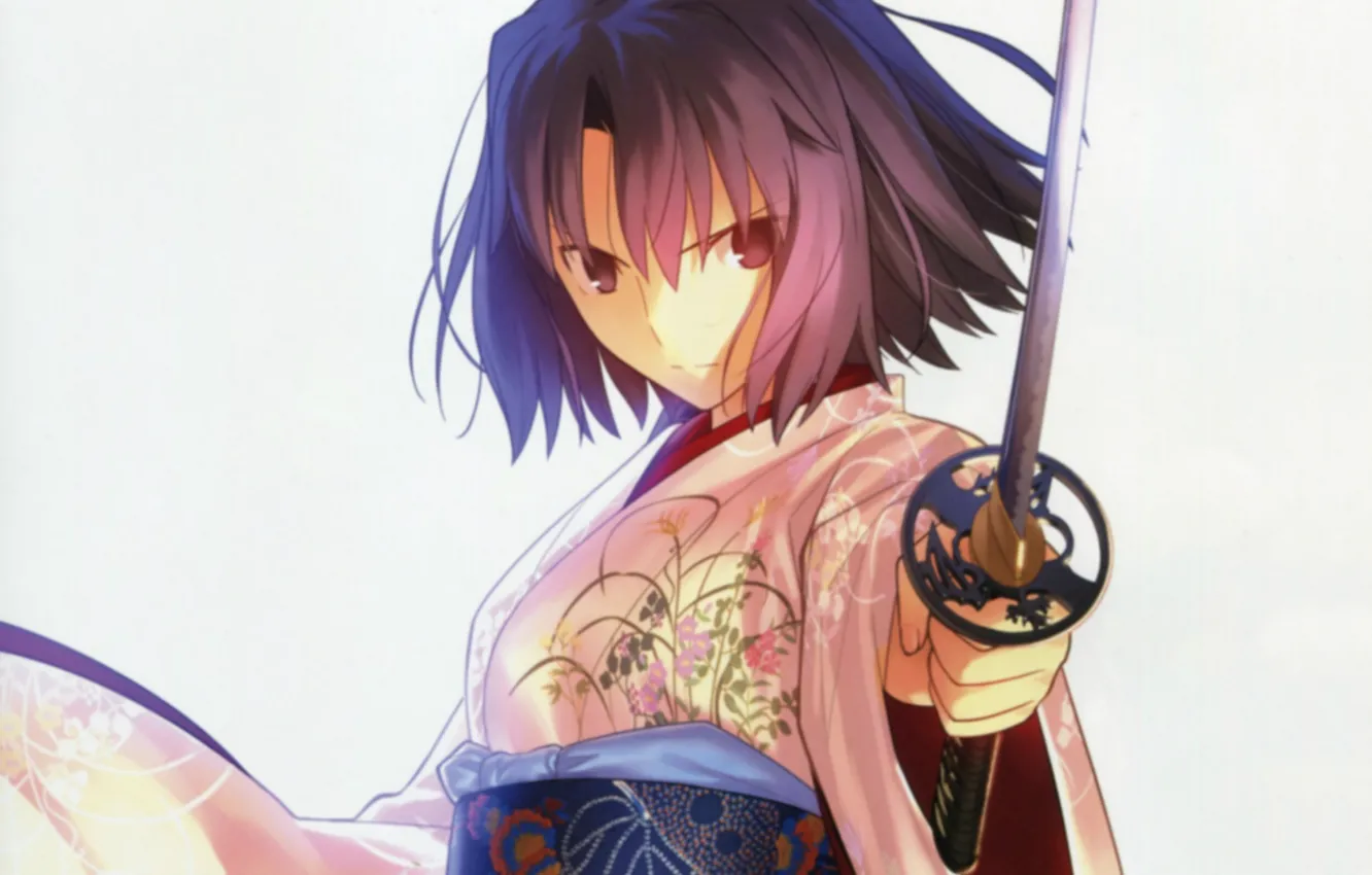 Photo wallpaper look, pattern, katana, kimono, grey background, arm, Shiki Ryougi, the Garden of Sinners