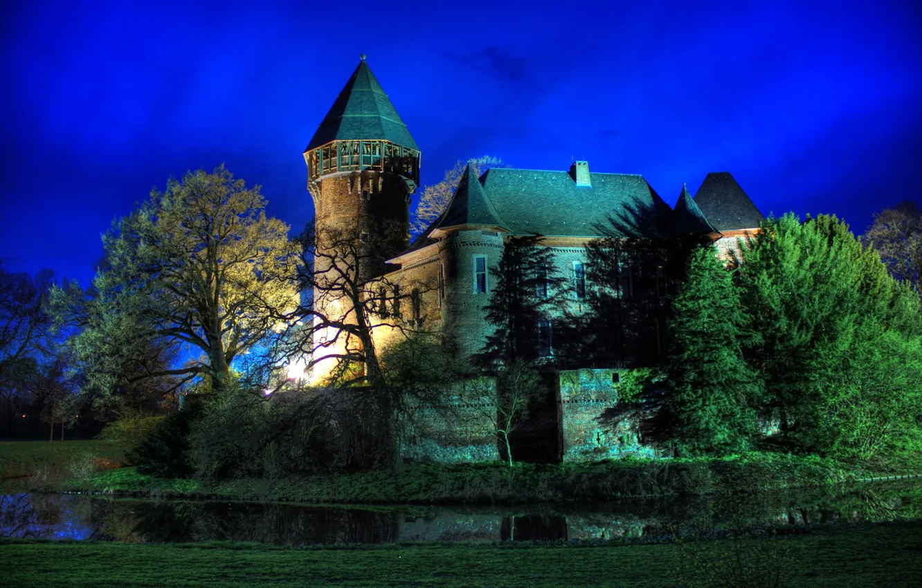 Photo wallpaper the sky, trees, night, castle, tower, Germany, krefeld, linn