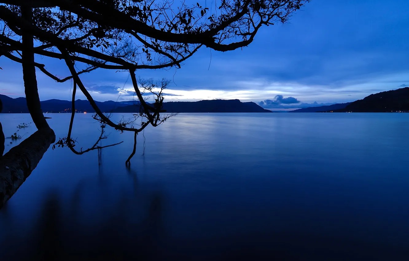 Photo wallpaper the sky, clouds, trees, mountains, lake, Indonesia, Sumatra, Toba