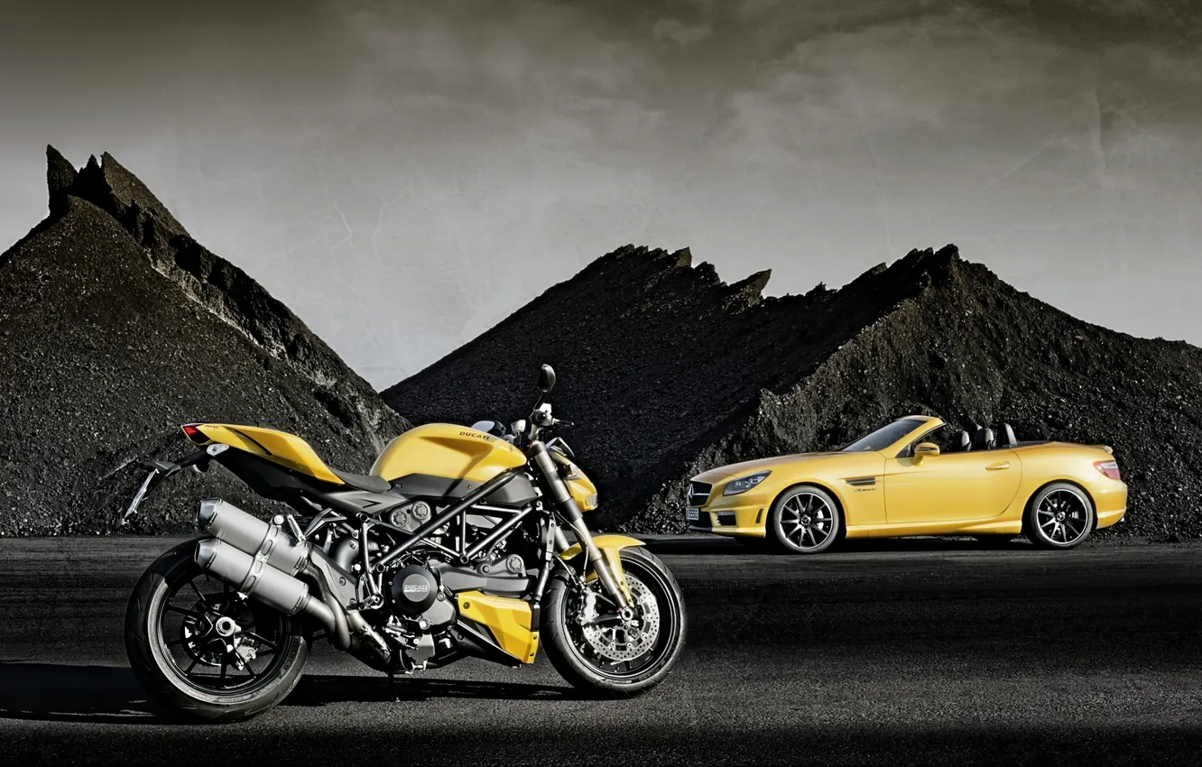 Photo wallpaper machine, yellow, Mercedes-Benz, motorcycle, supercar, bike, Ducati, side view