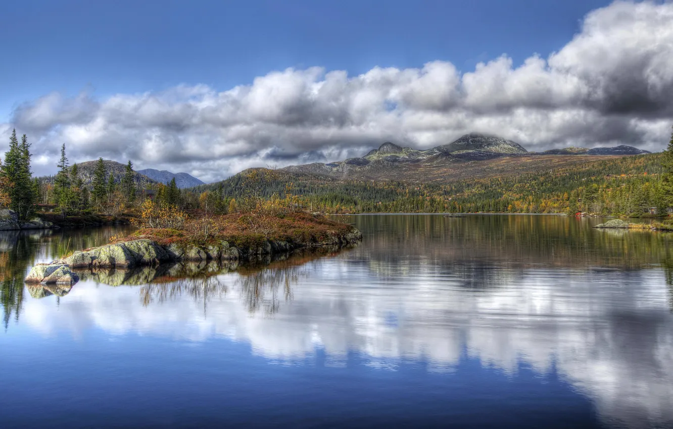 Photo wallpaper forest, clouds, trees, mountains, lake, stones, Norway, Tuddal