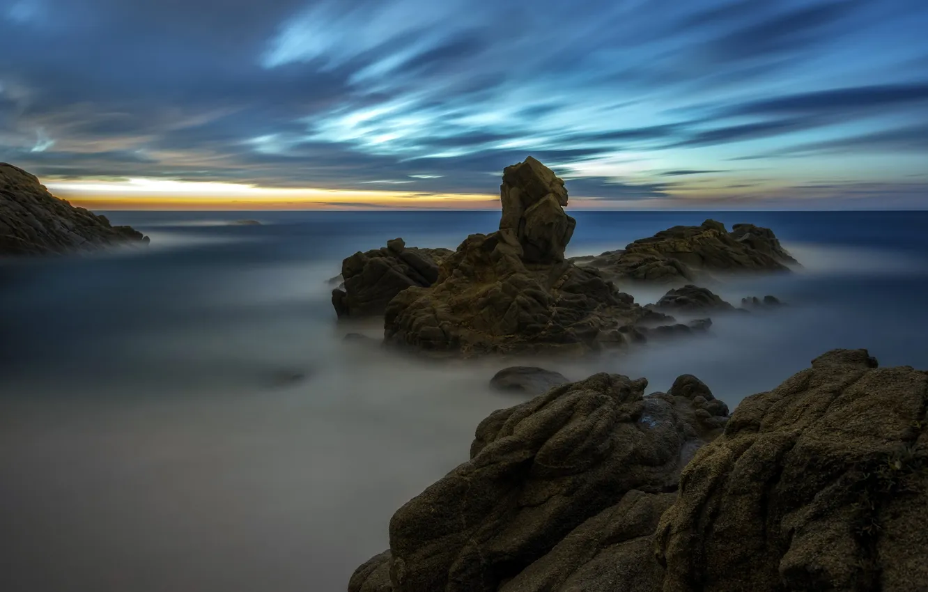 Photo wallpaper sea, sunset, rocks