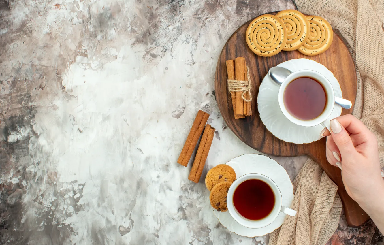 Photo wallpaper background, tea, cookies, Cup, cinnamon, cutting Board