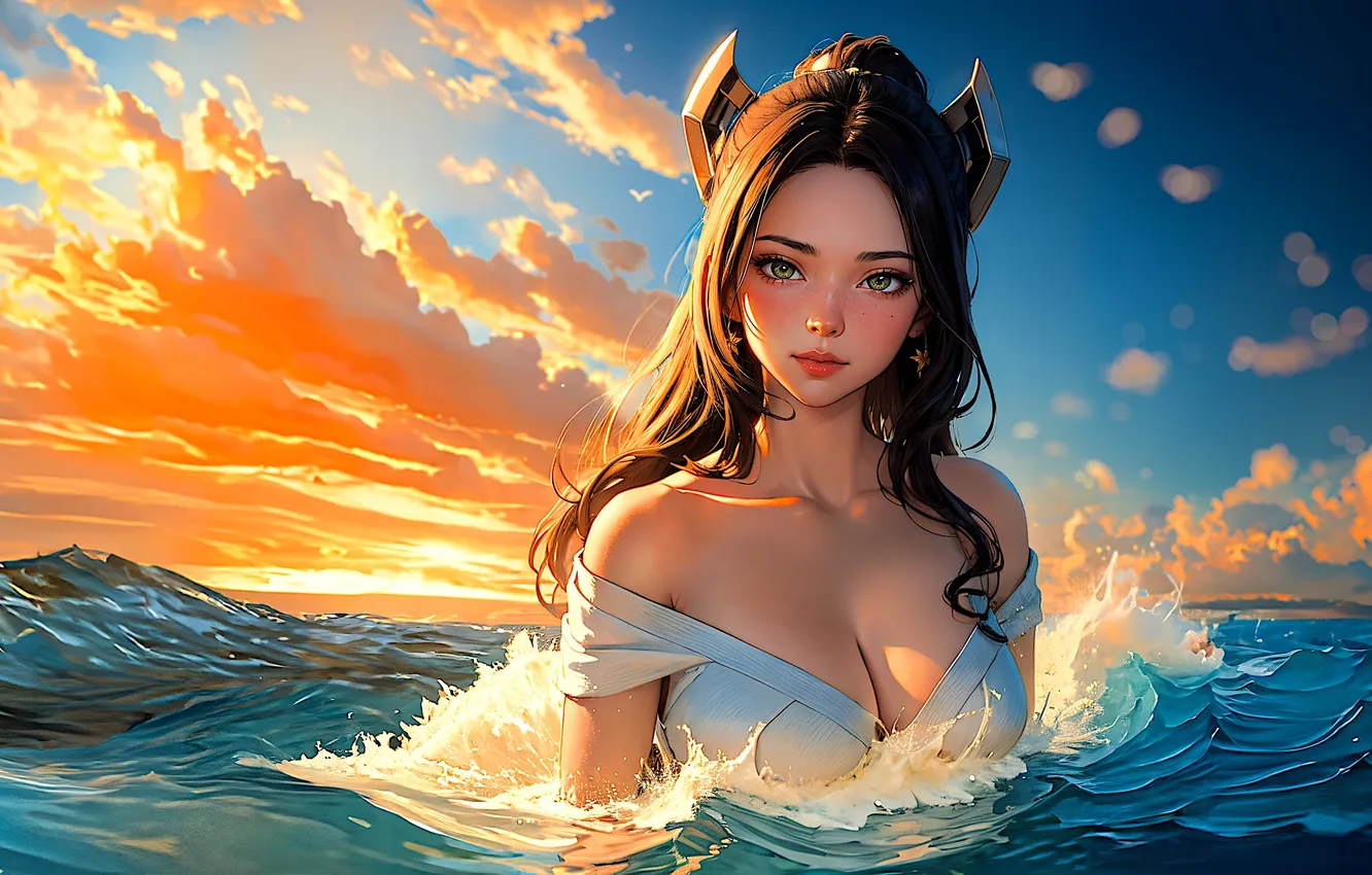 Photo wallpaper girl, cleavage, sky, green eyes, sea, sunset, water, crown