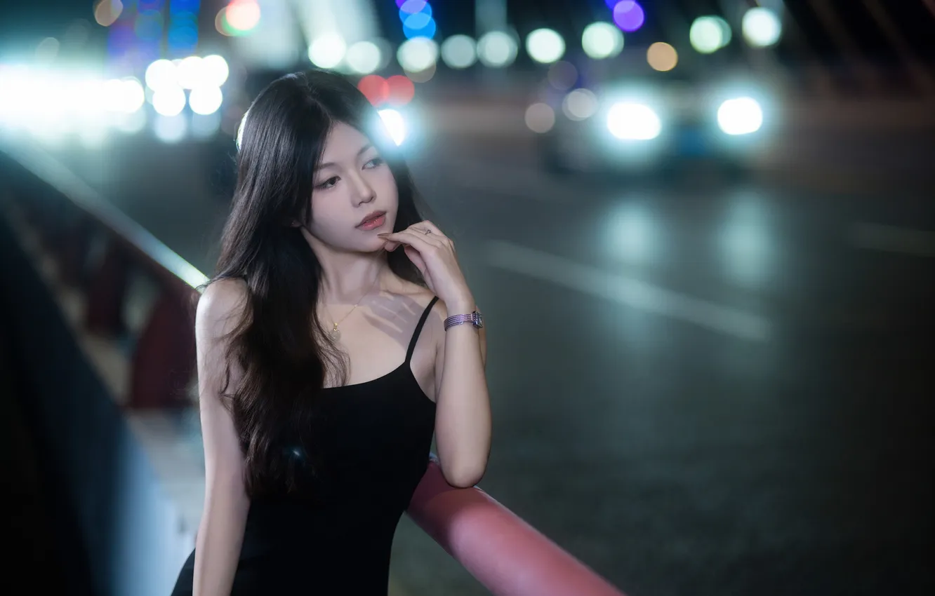 Photo wallpaper Dark, Car, Beautiful, Asian, Model, Bridge, Lights, Night
