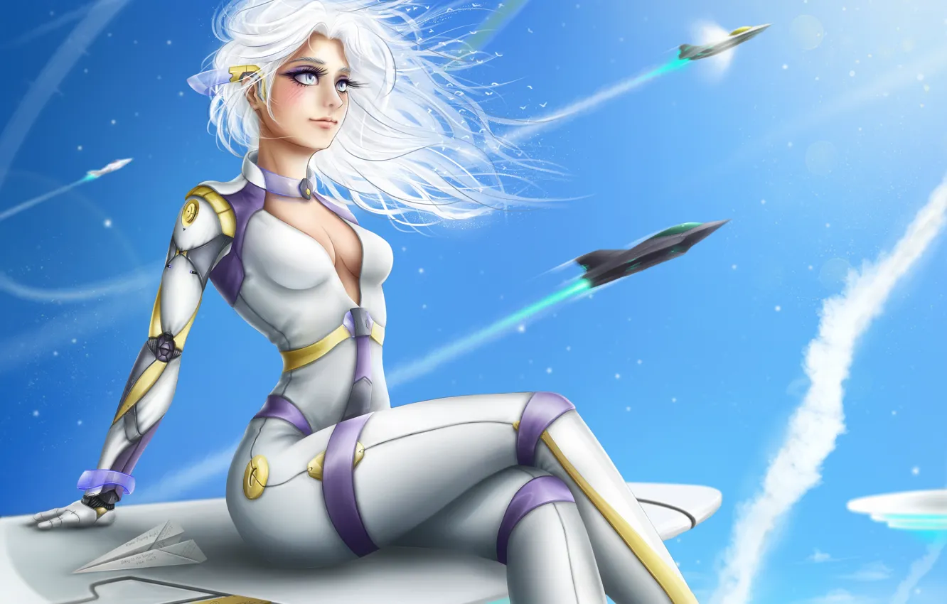 Photo wallpaper chest, girl, mood, aircraft, costume, beauty, white hair