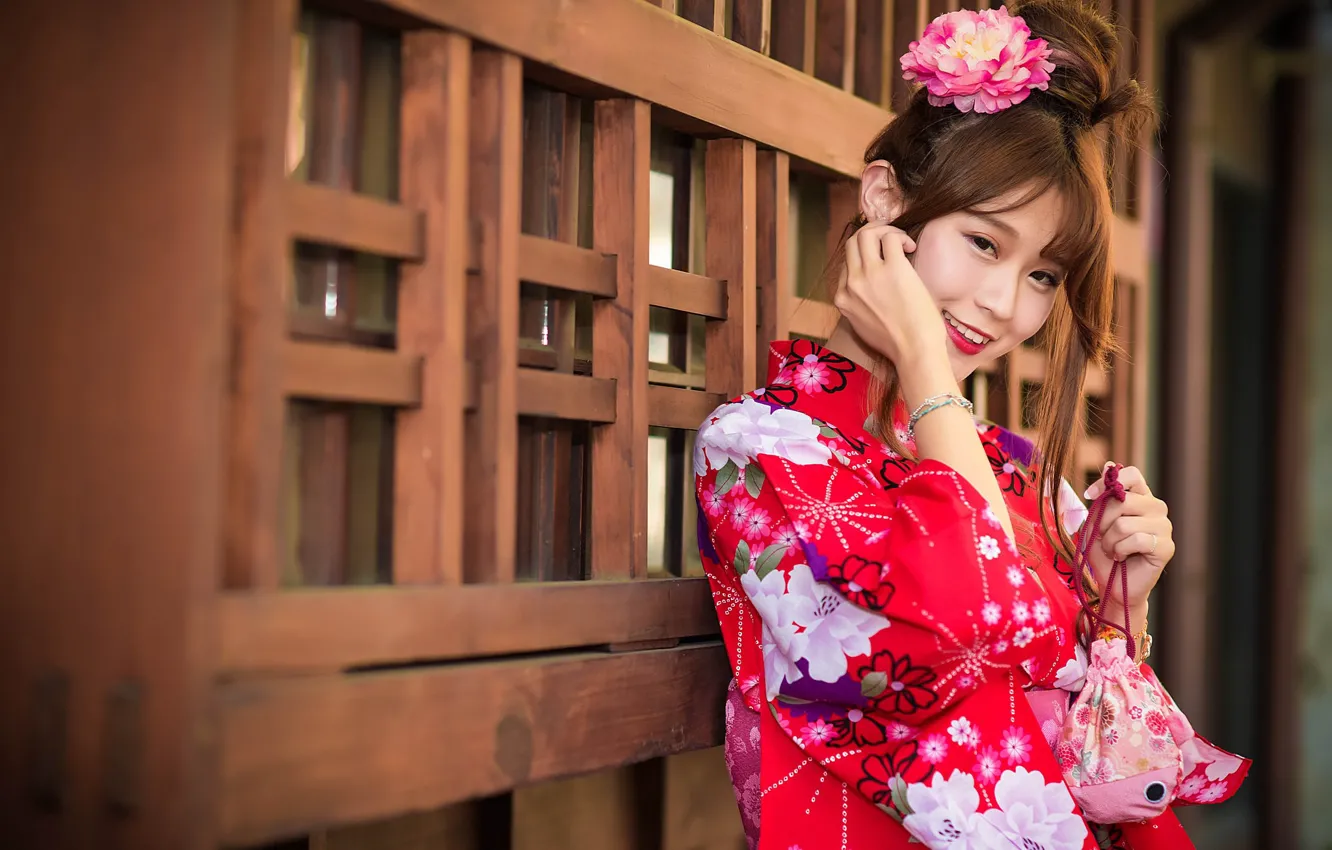 Photo wallpaper girl, smile, kimono, Asian, cutie
