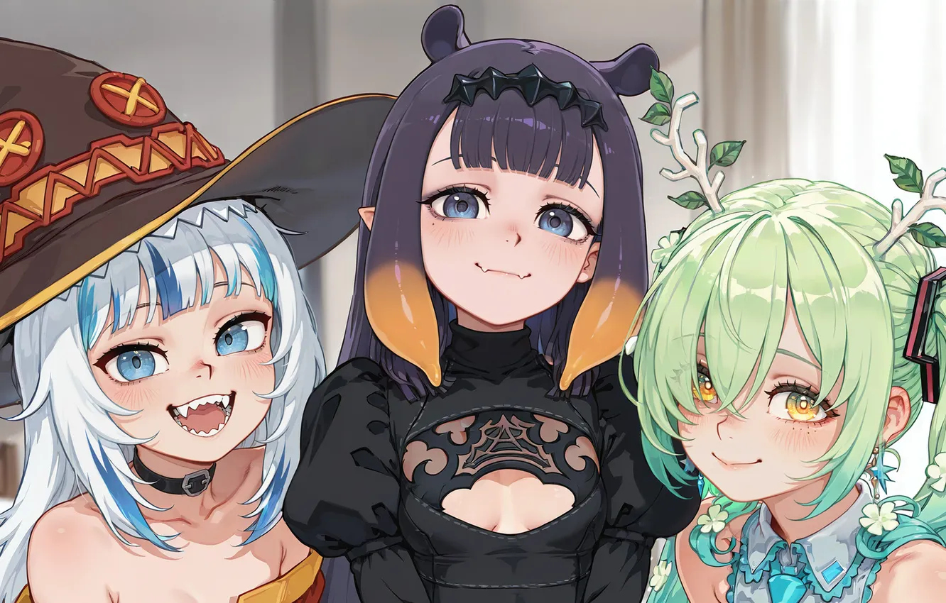 Photo wallpaper girl, hat, anime, trio, ears