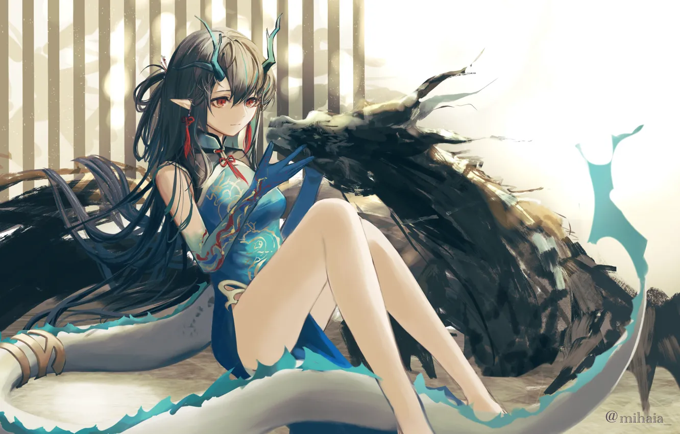 Photo wallpaper girl, dragon, fantasy, dusk, Arknights