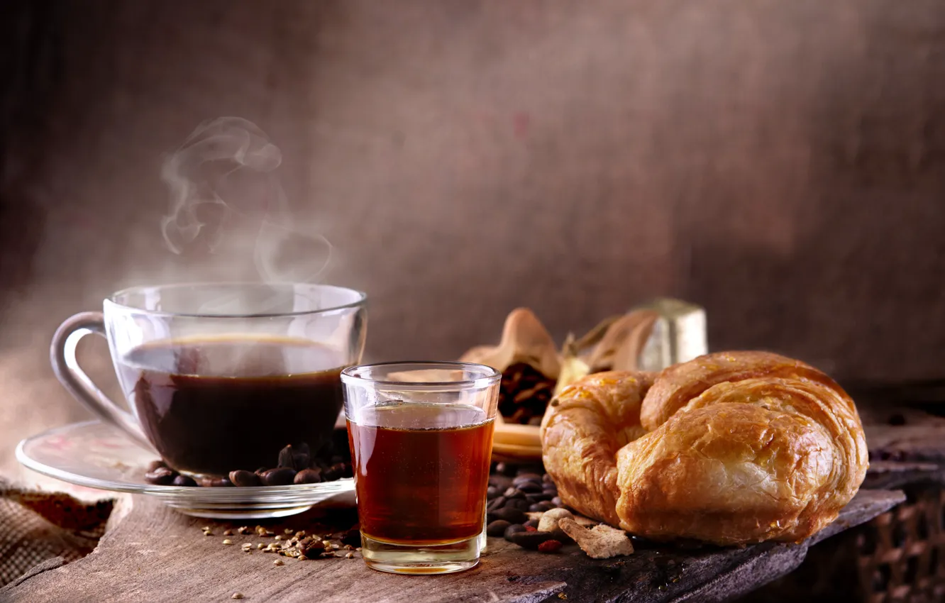 Photo wallpaper tea, coffee, drink, cinnamon, coffee beans, croissant