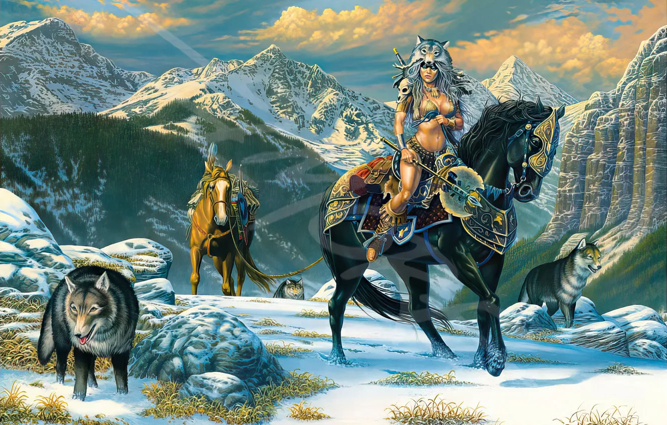 Photo wallpaper winter, girl, snow, mountains, horse, dog, warrior, Larry Elmore