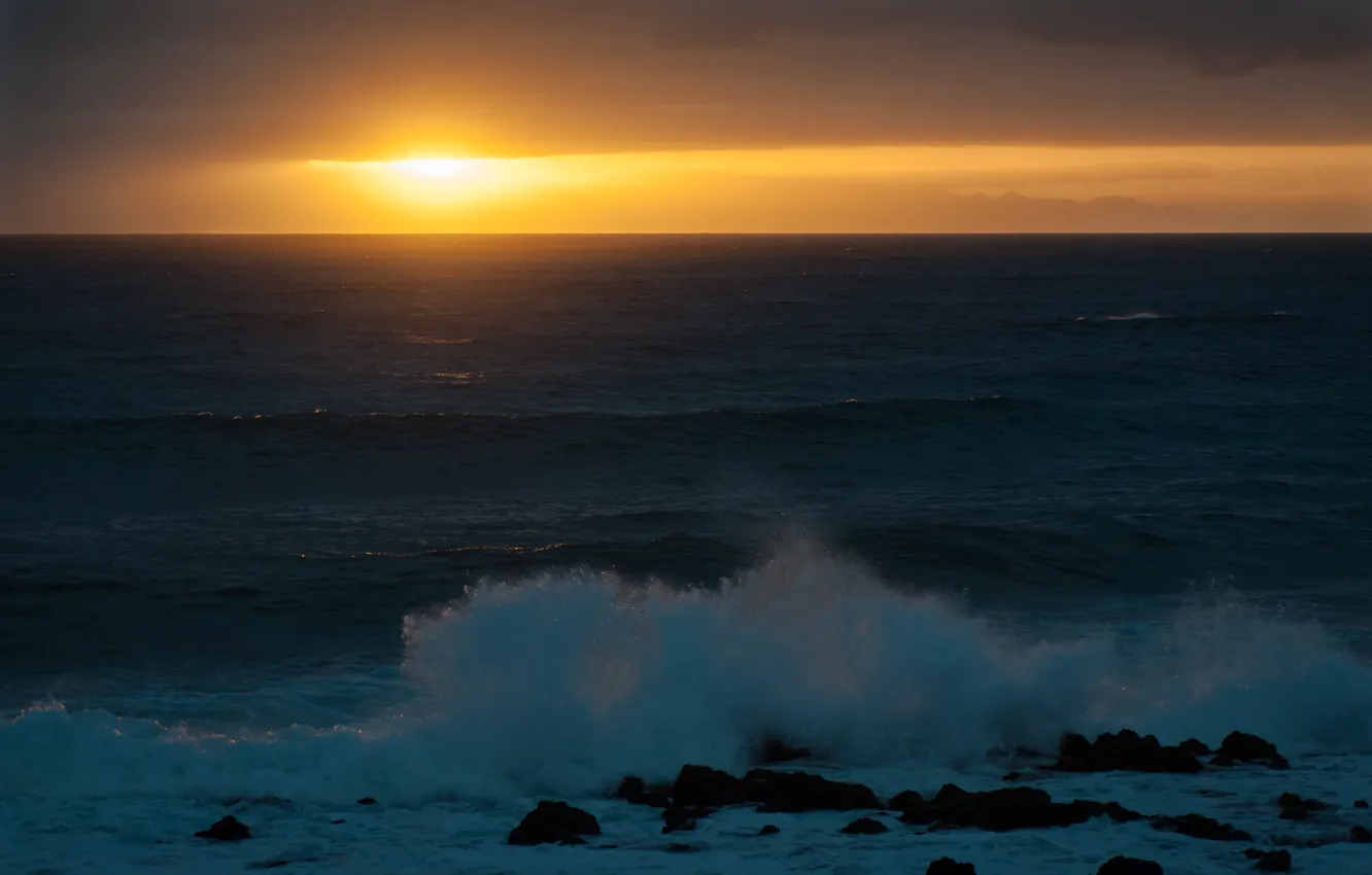 Photo wallpaper sea, wave, the sun, sunset, stones