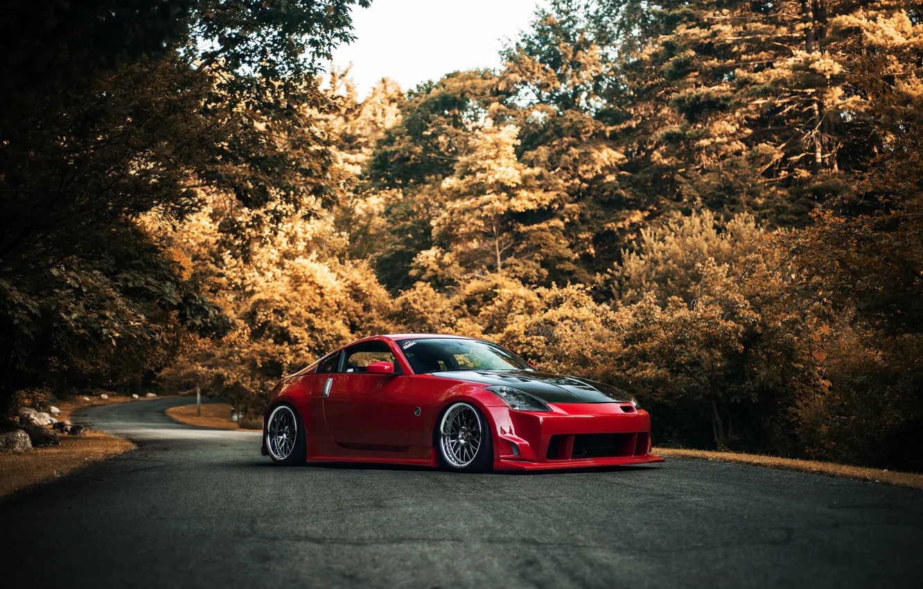 Photo wallpaper road, autumn, red, red, Nissan, Nissan, 350Z, stance