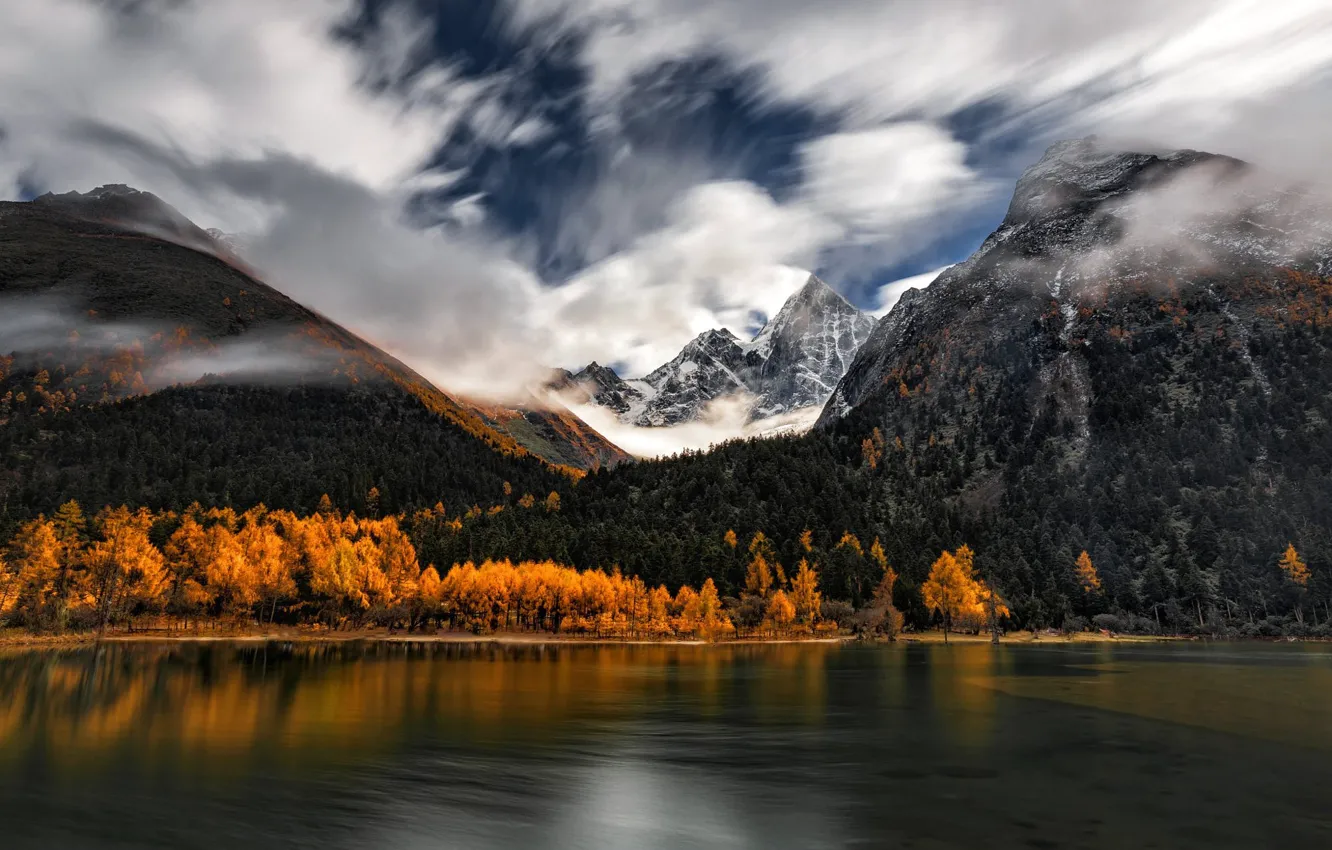 Photo wallpaper autumn, forest, the sky, clouds, trees, mountains, fog, lake