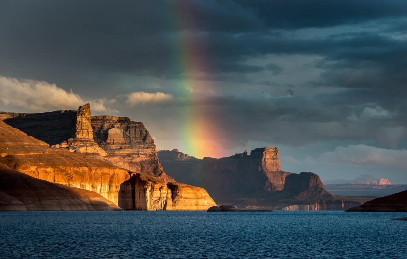 Photo wallpaper mountains, lake, rainbow, AZ, Arizona, lake Powell, Lake Powell, reservoir Powell