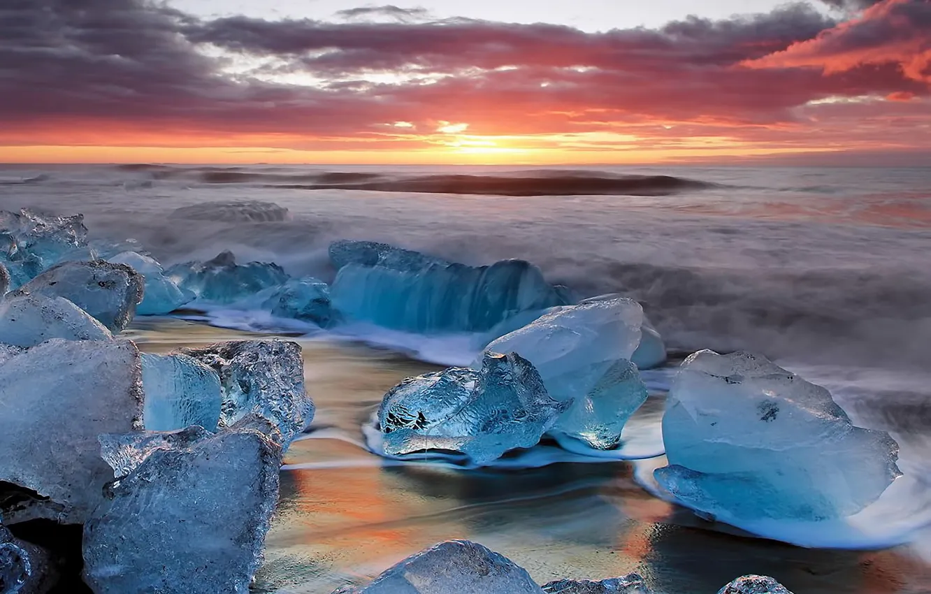 Photo wallpaper ice, the sky, clouds, landscape, sunset, surf, Iceland