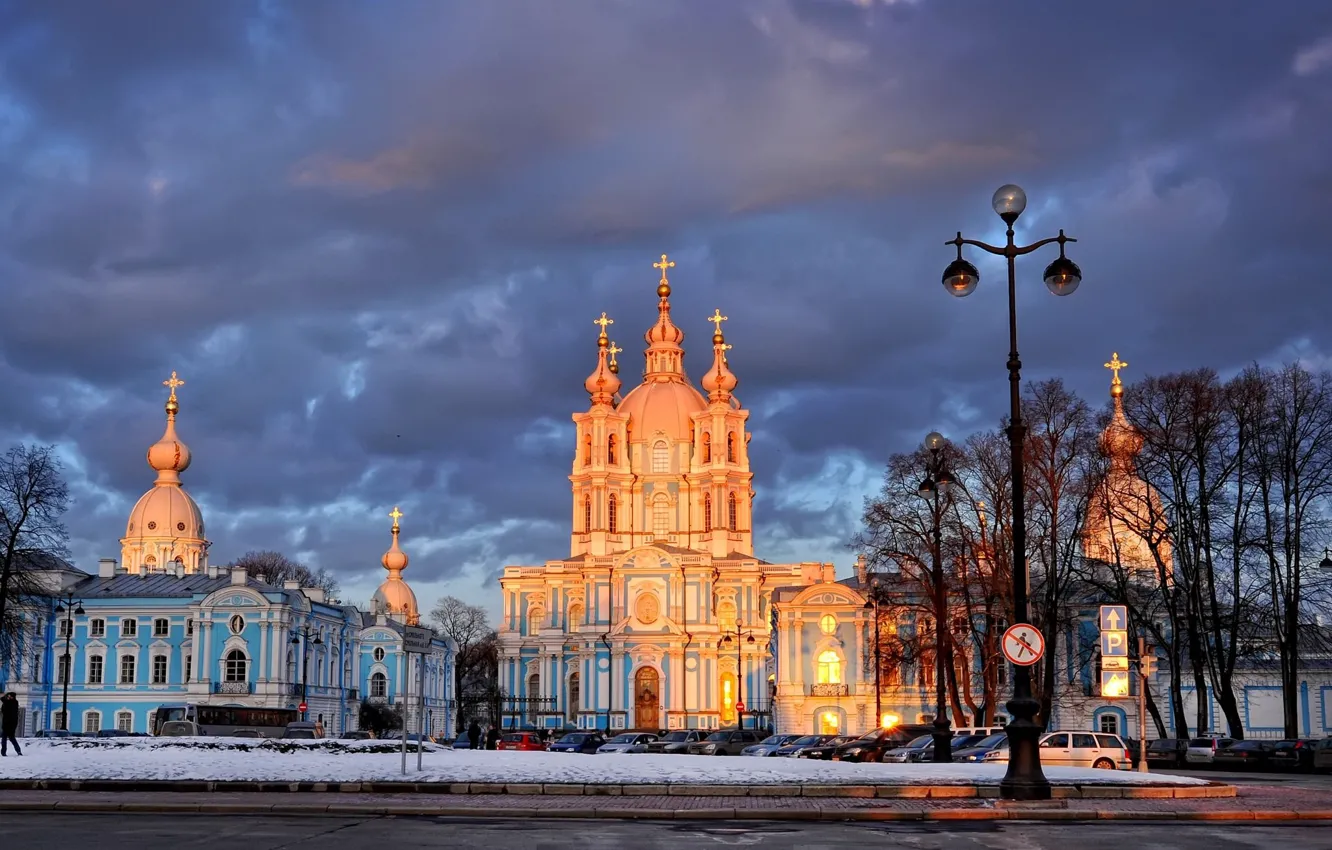 Photo wallpaper Trees, Lantern, Saint Petersburg, Smolny Cathedral