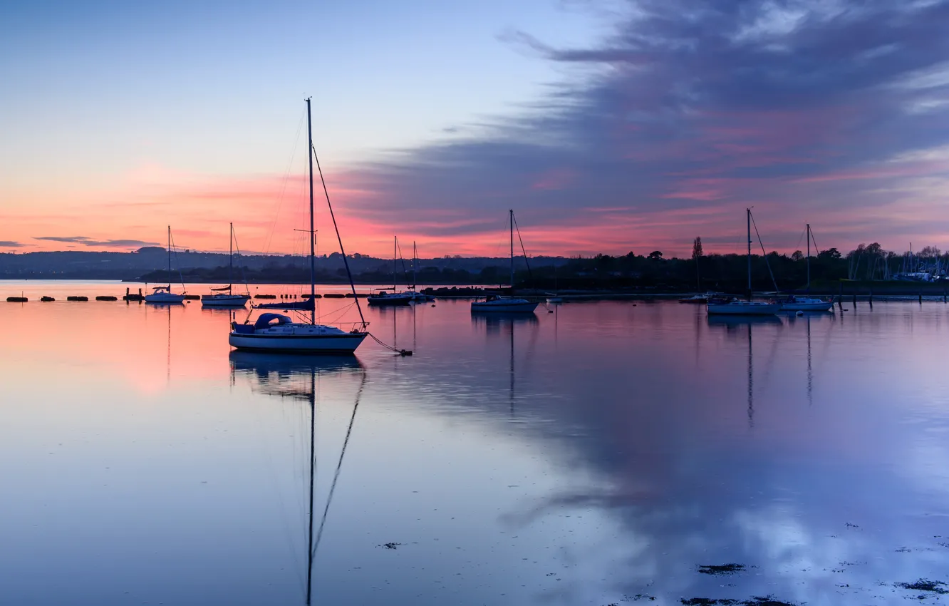 Photo wallpaper the sky, clouds, sunset, reflection, England, the evening, yacht, Bay