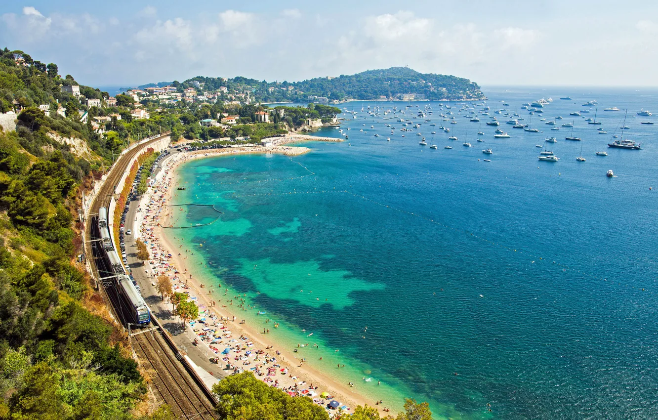 Photo wallpaper beach, coast, France, yachts, train, panorama, railroad, France