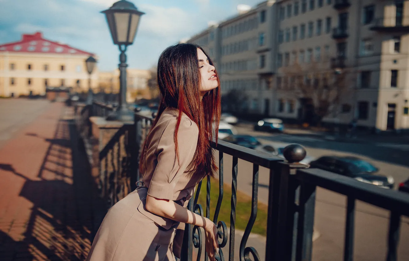 Photo wallpaper road, machine, girl, pose, street, home, dress, brunette