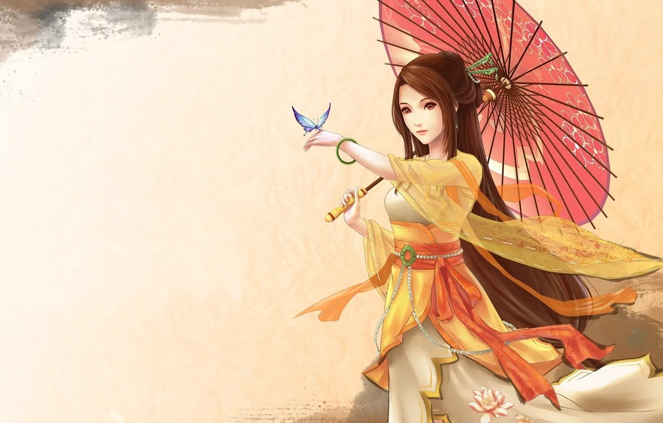 Photo wallpaper girl, umbrella, butterfly, anime, art, Lotus