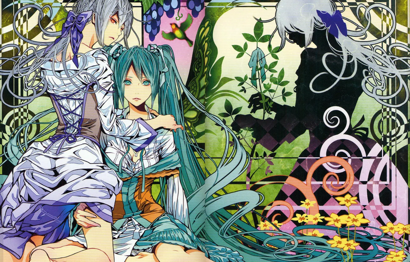 Photo wallpaper flowers, pattern, shadow, corset, vocaloid, bow, Hatsune Miku, long hair