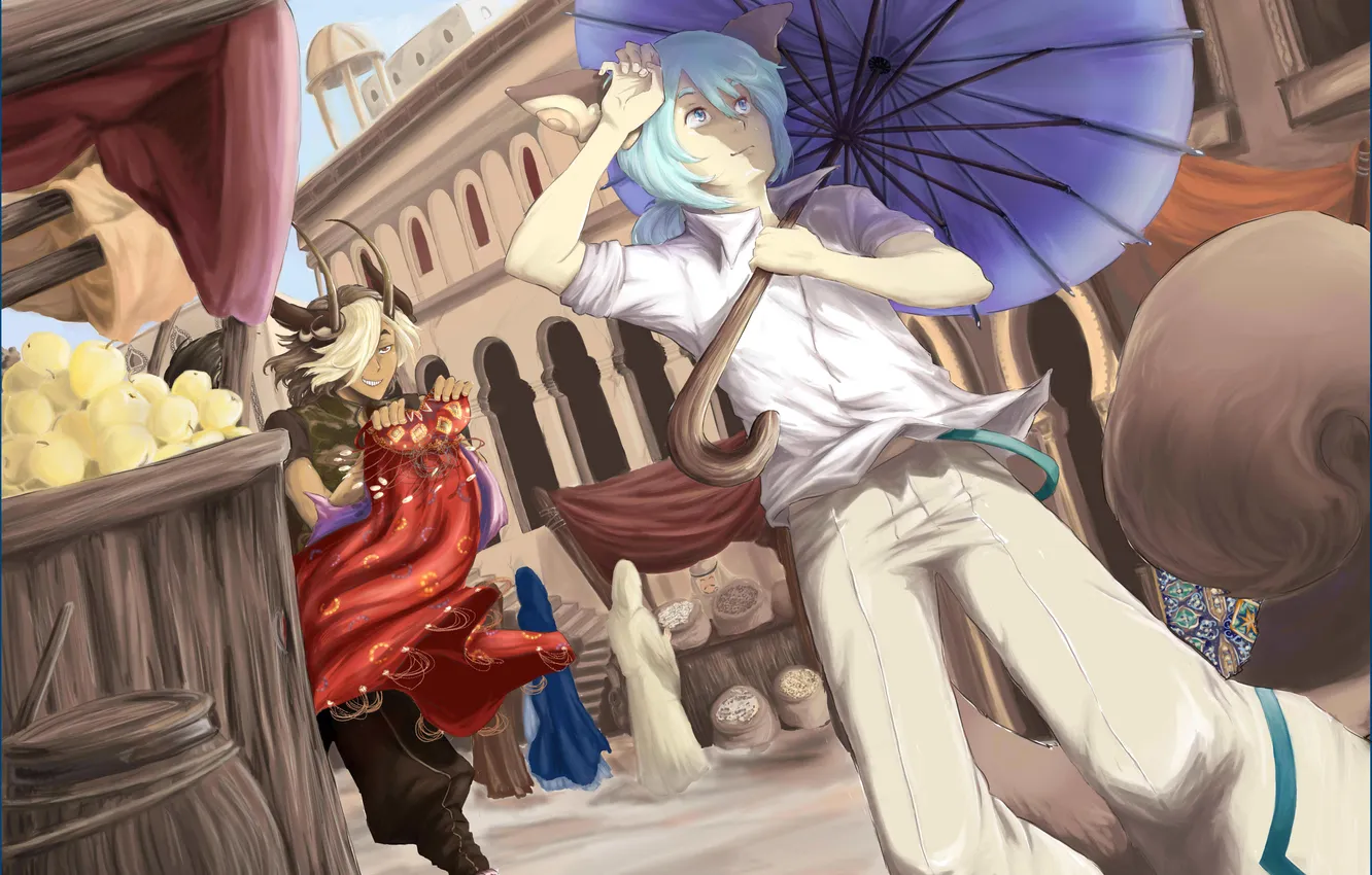 Photo wallpaper umbrella, anime, running, guy