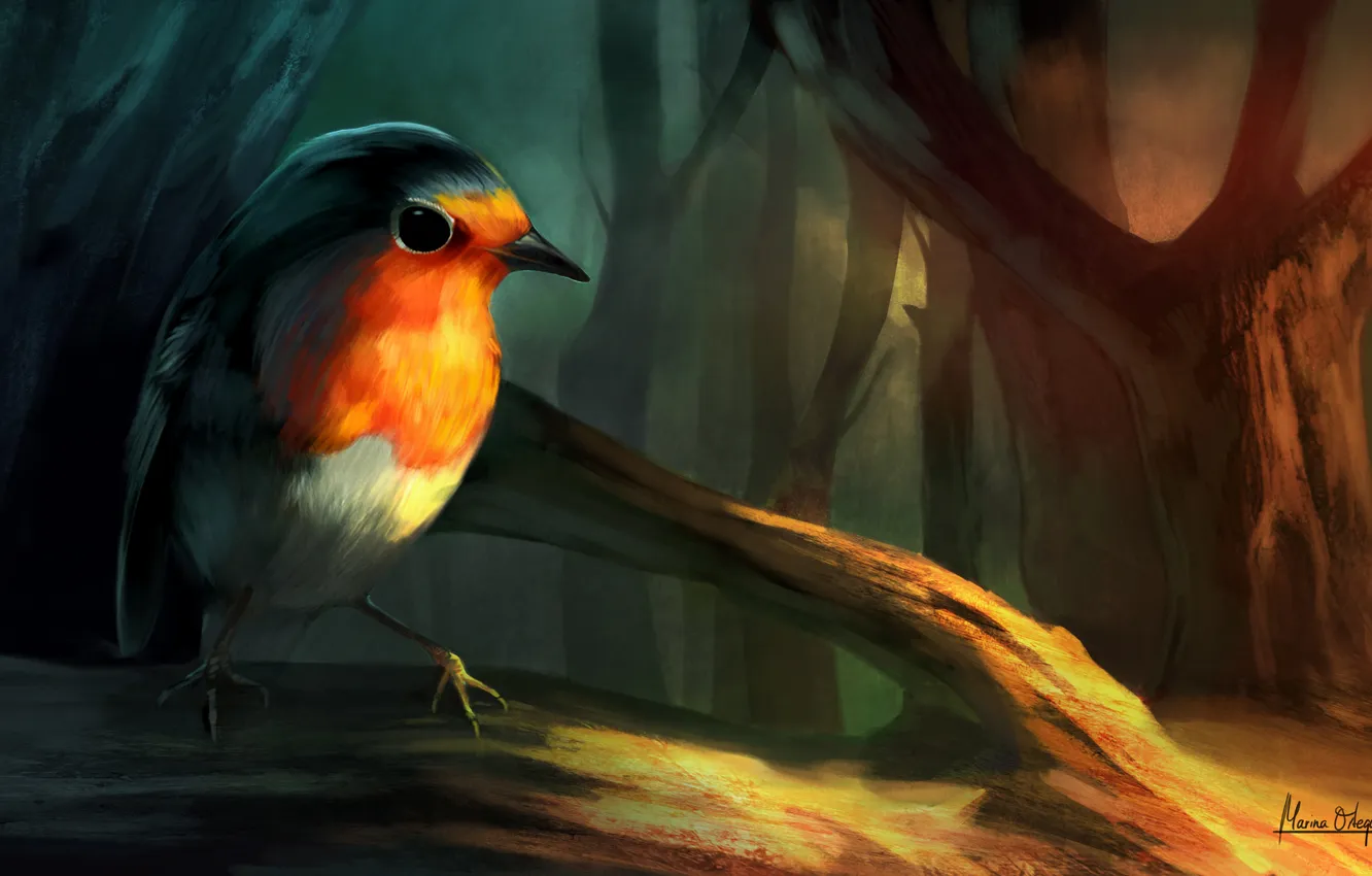 Photo wallpaper light, trees, branches, bird, art