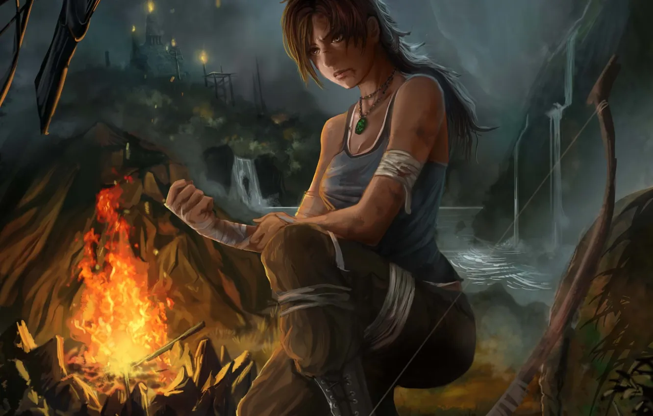Photo wallpaper girl, lights, bow, the fire, art, Tomb Raider, bandages, Lara Croft
