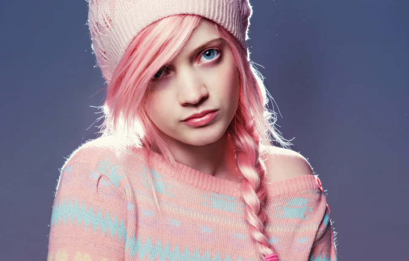 Photo wallpaper look, girl, hat, hair, pink