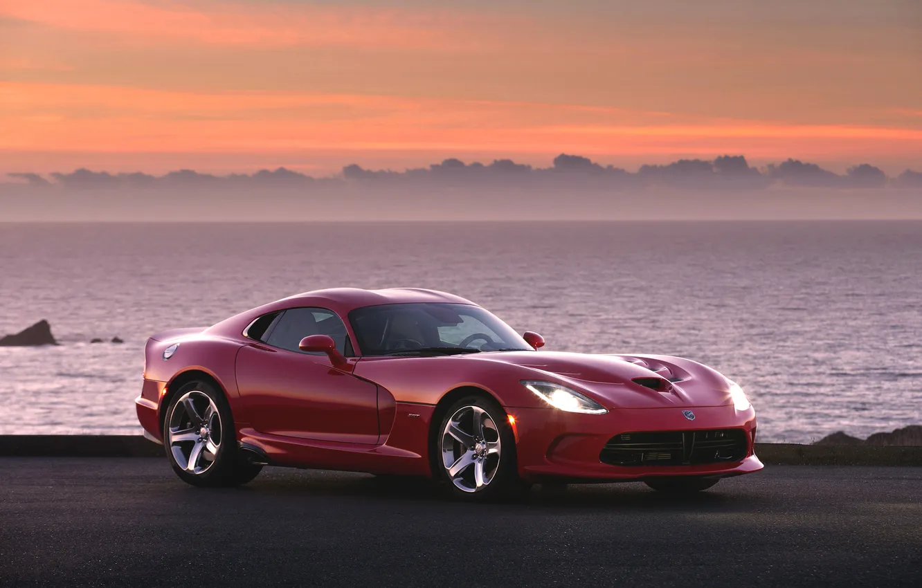 Photo wallpaper sea, machine, auto, red, the evening, Dodge, sports car, Viper