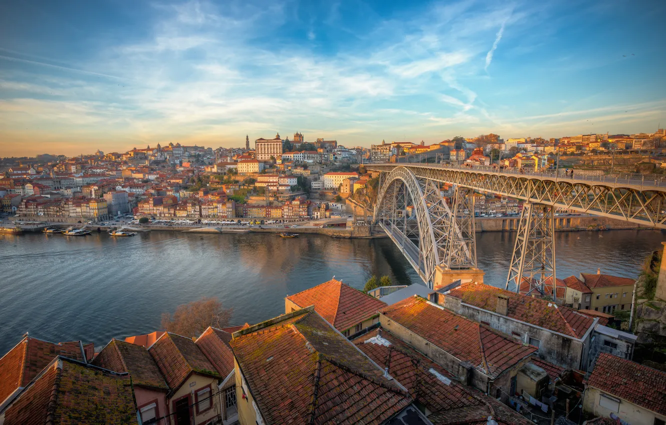 Photo wallpaper bridge, the city, lights, river, morning, Portugal, Porto