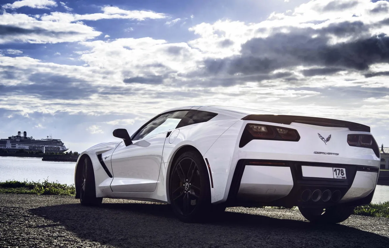 Photo wallpaper Corvette, Chevrolet, Car, White, Sport, Stingray, 2014, Rear