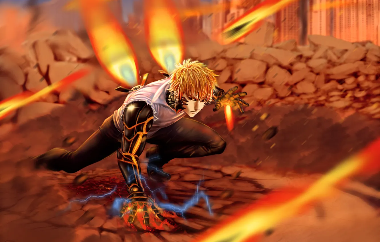 Photo wallpaper fire, robot, guy, anime, art, cyborg, One Punch Man, OnePunch Man