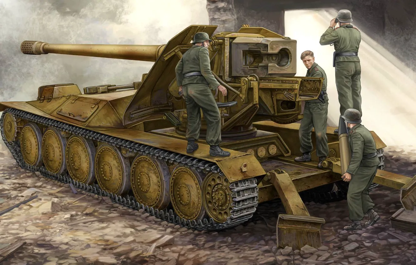 Photo wallpaper war, figure, soldiers, German 12.8 cm Pak 44 Waffentrager Krupp 1