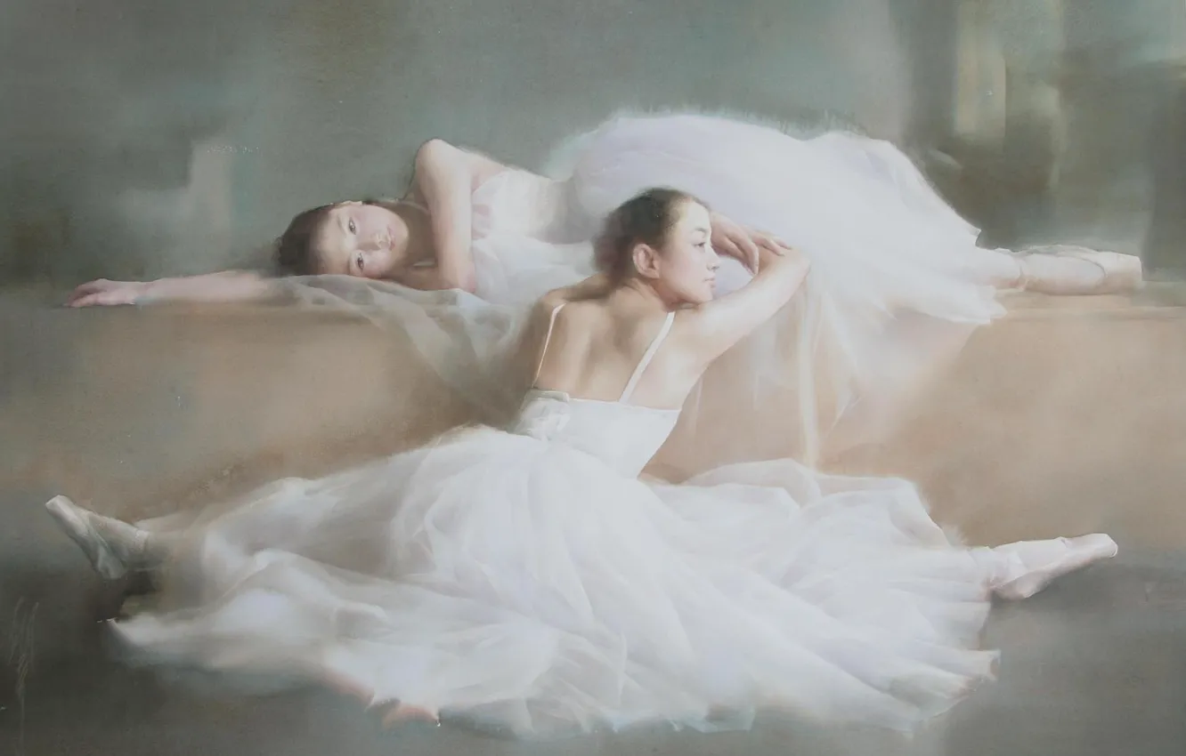 Photo wallpaper girls, stay, picture, art, watercolor, twine, Asian girls, ballet