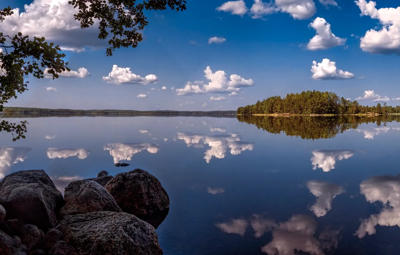 Photo wallpaper forest, clouds, branches, lake, reflection, stones, panorama, Finland