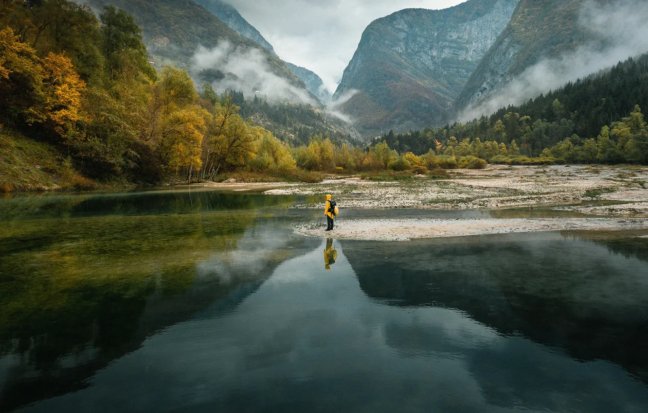 Photo wallpaper forest, mountains, people, pond, Life in Italy