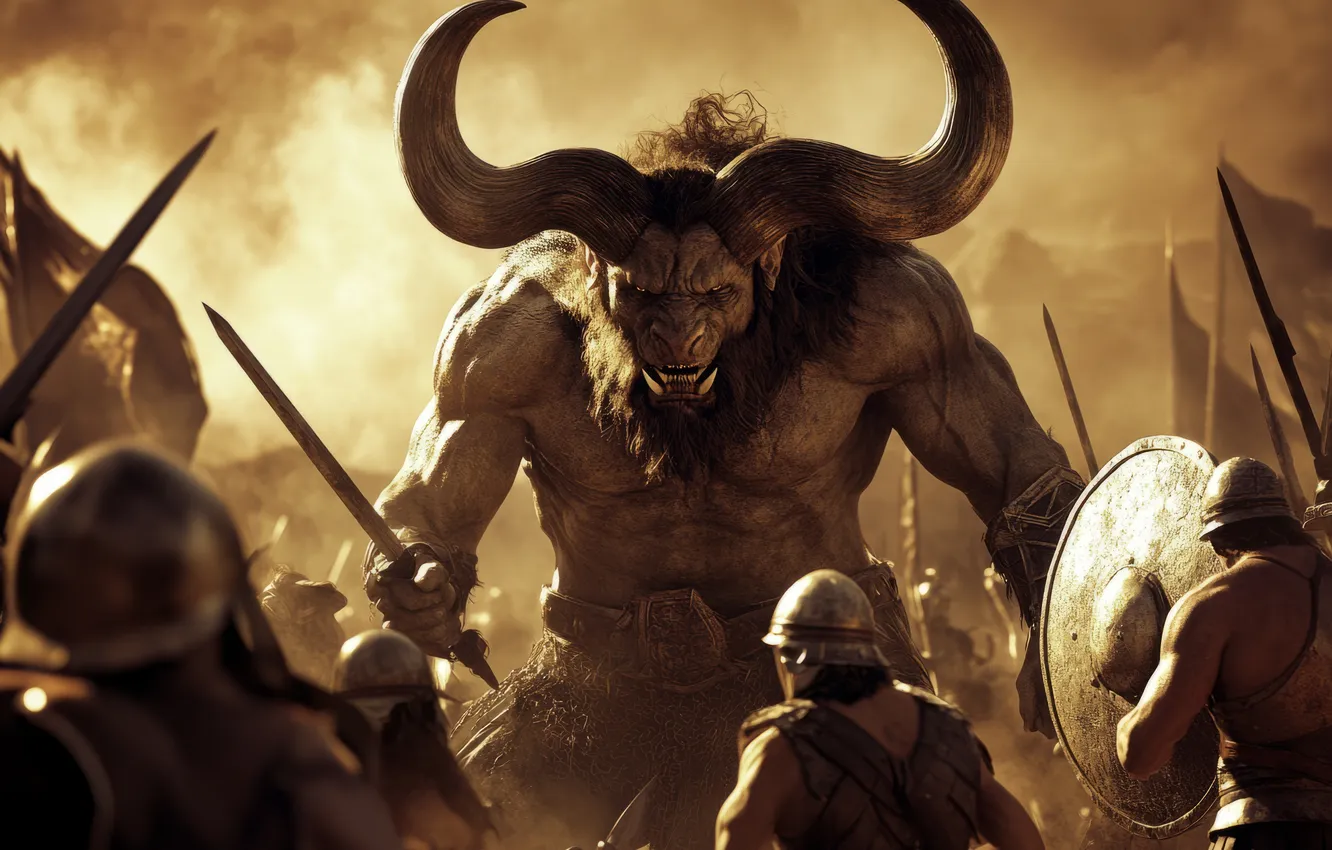 Photo wallpaper warrior, horns, battle, the battle, monster, the Minotaur, digital art, mythology