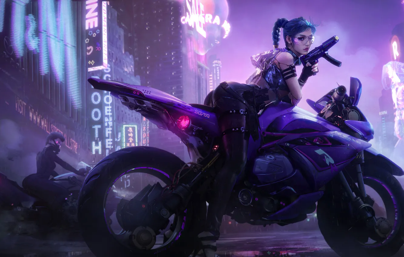 Photo wallpaper Girl, Night, The city, Look, Glasses, Building, Weapons, Cyberpunk 2077