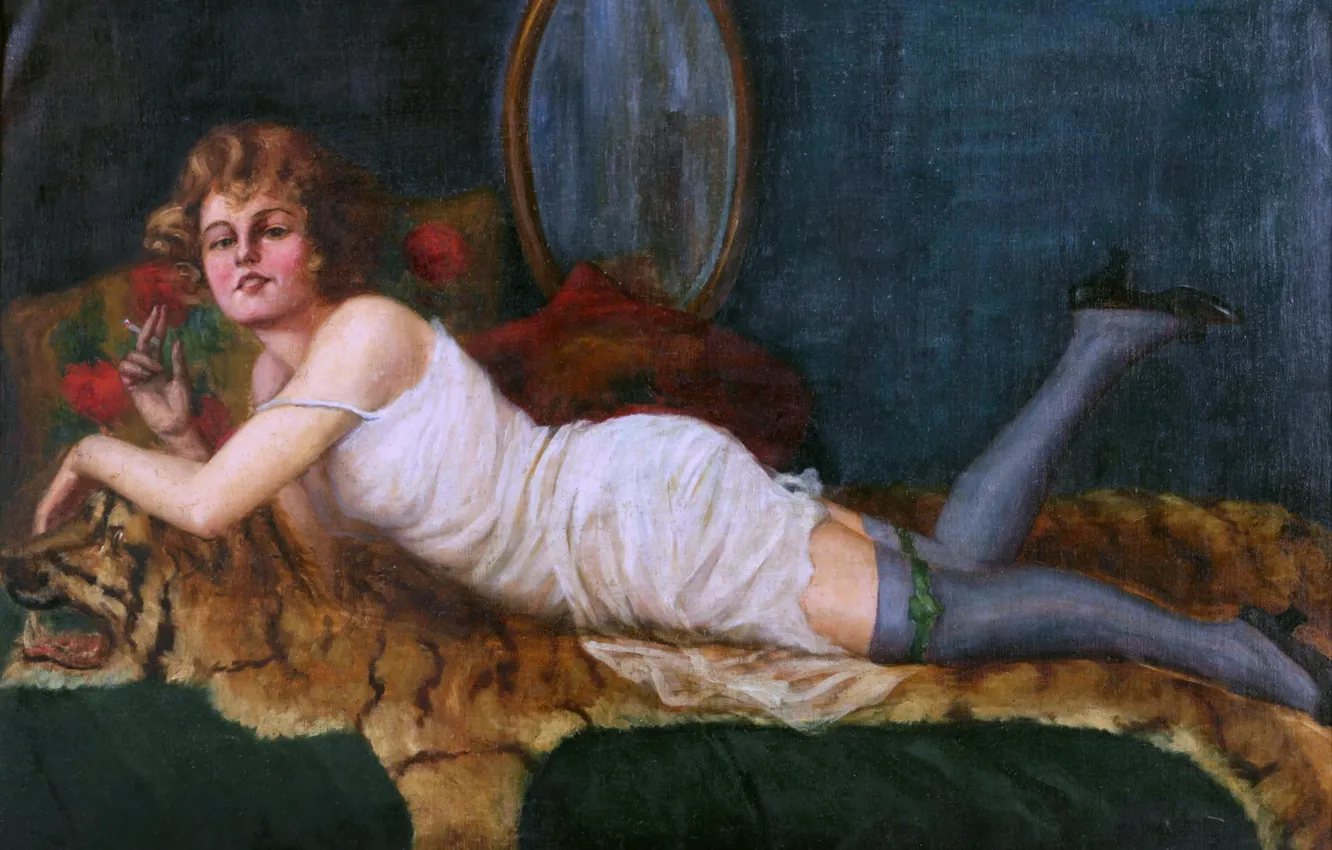 Photo wallpaper girl, sofa, picture, cigarette, Austrian artist, Richard Geiger, Richard Geiger, A Lady on vacation