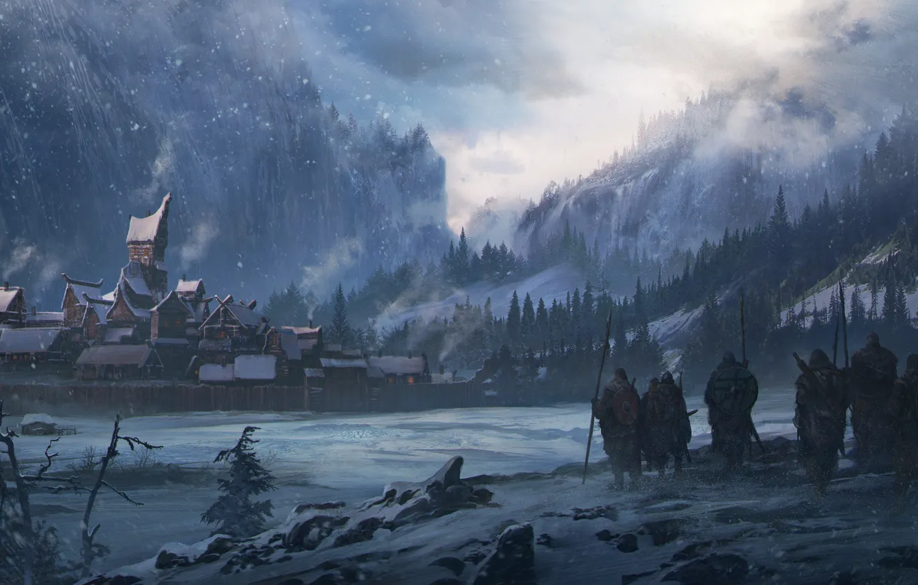 Photo wallpaper Winter, The city, Snow, Winter, Landscape, Fiction, War, Viking