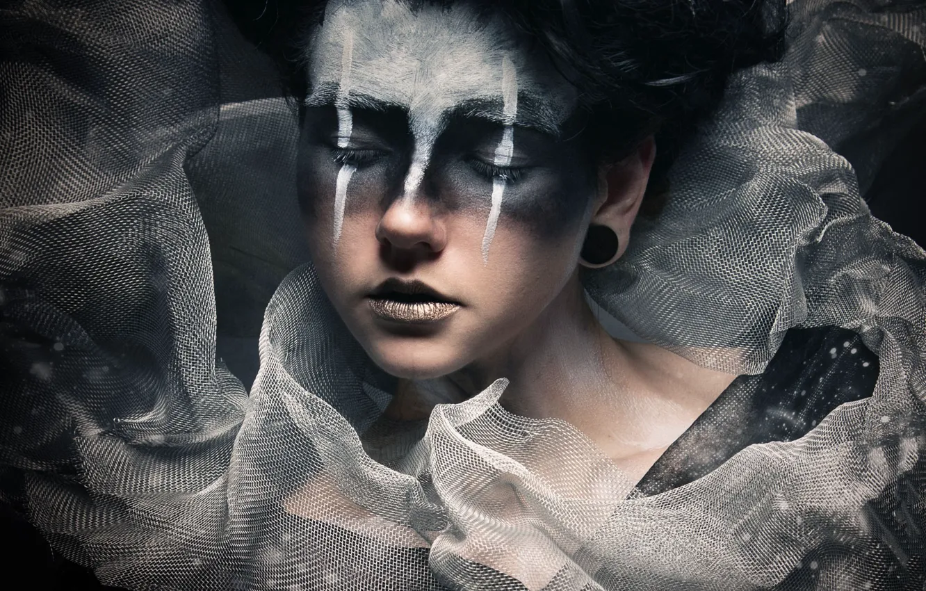 Photo wallpaper look, girl, face, portrait, makeup, silver, clown, fabric