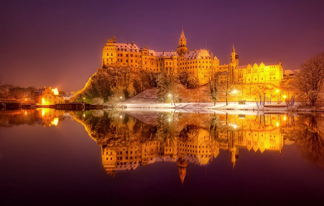 Photo wallpaper winter, night, reflection, river, castle, Germany, Germany, Baden-Württemberg