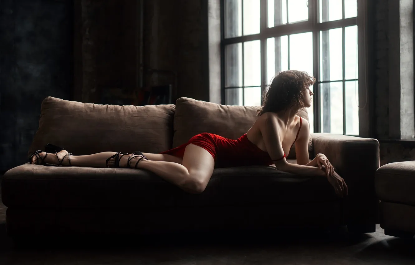 Photo wallpaper girl, figure, legs, model, women, brunette, red dress, BY THE WINDOW