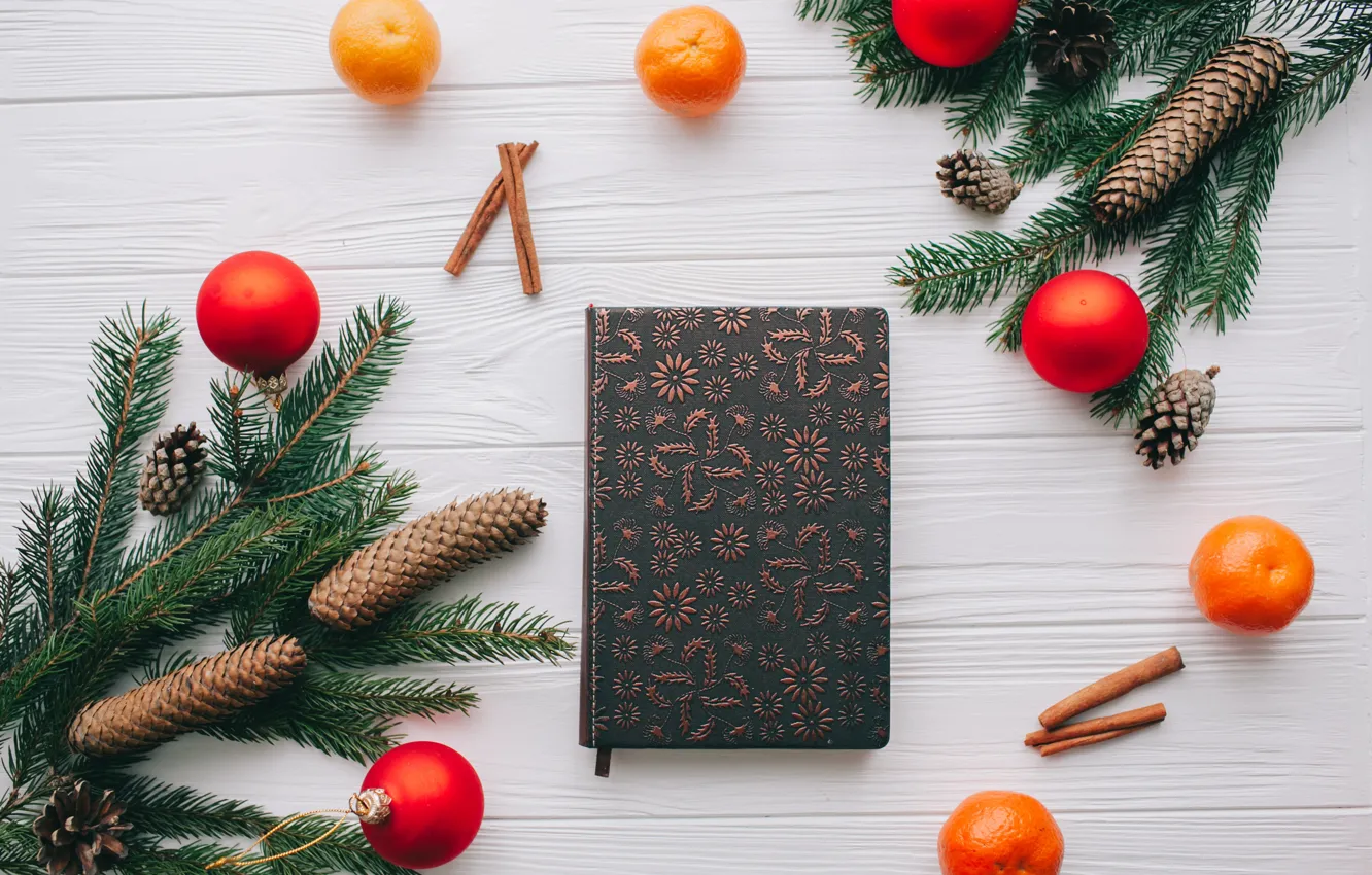 Photo wallpaper decoration, new year, Christmas, Christmas, wood, New Year, tangerines, decoration