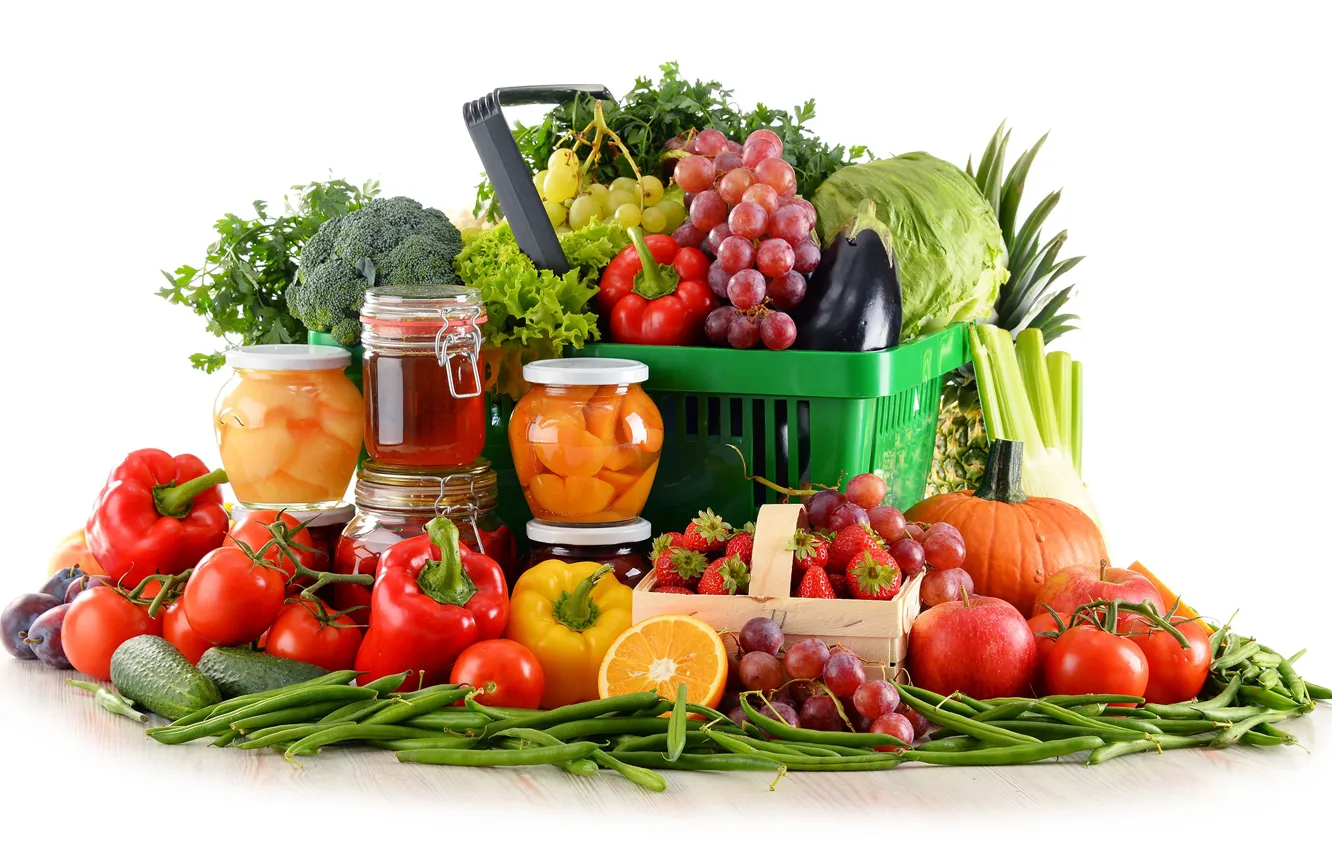 Photo wallpaper basket, apples, orange, strawberry, grapes, pepper, fruit, tomatoes