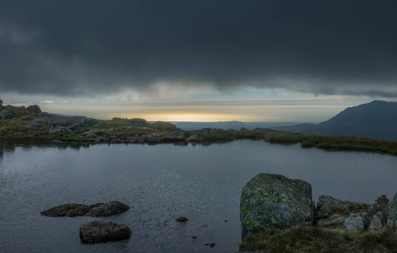 Photo wallpaper clouds, gloomy sky, pond, mountains, dal, shore, stones